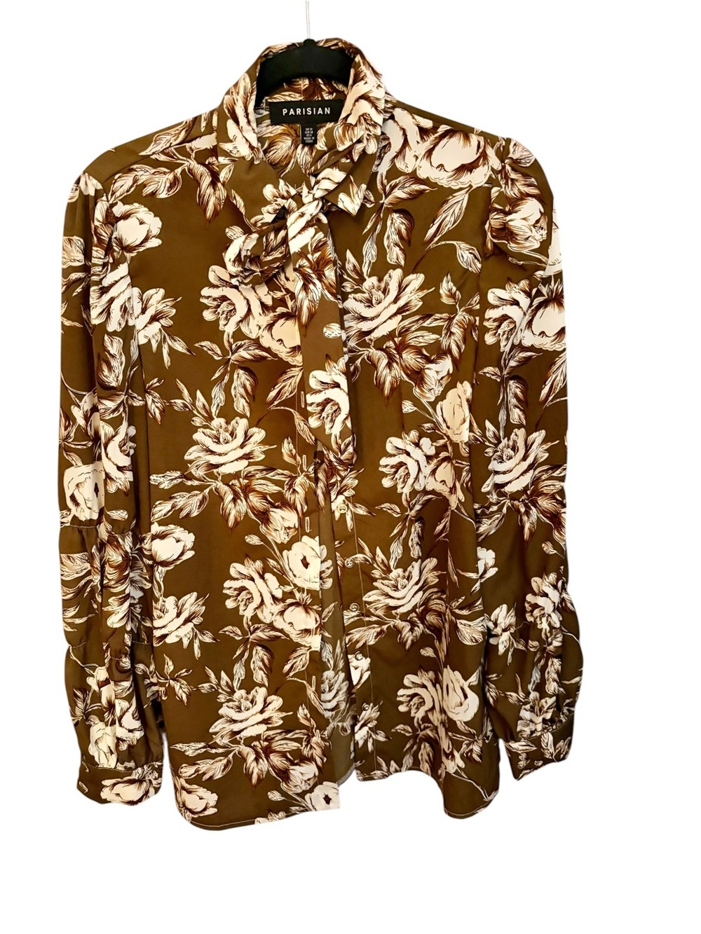 Parisian Works Olive and Cream Floral Button-Down Tie-Neck Blouse